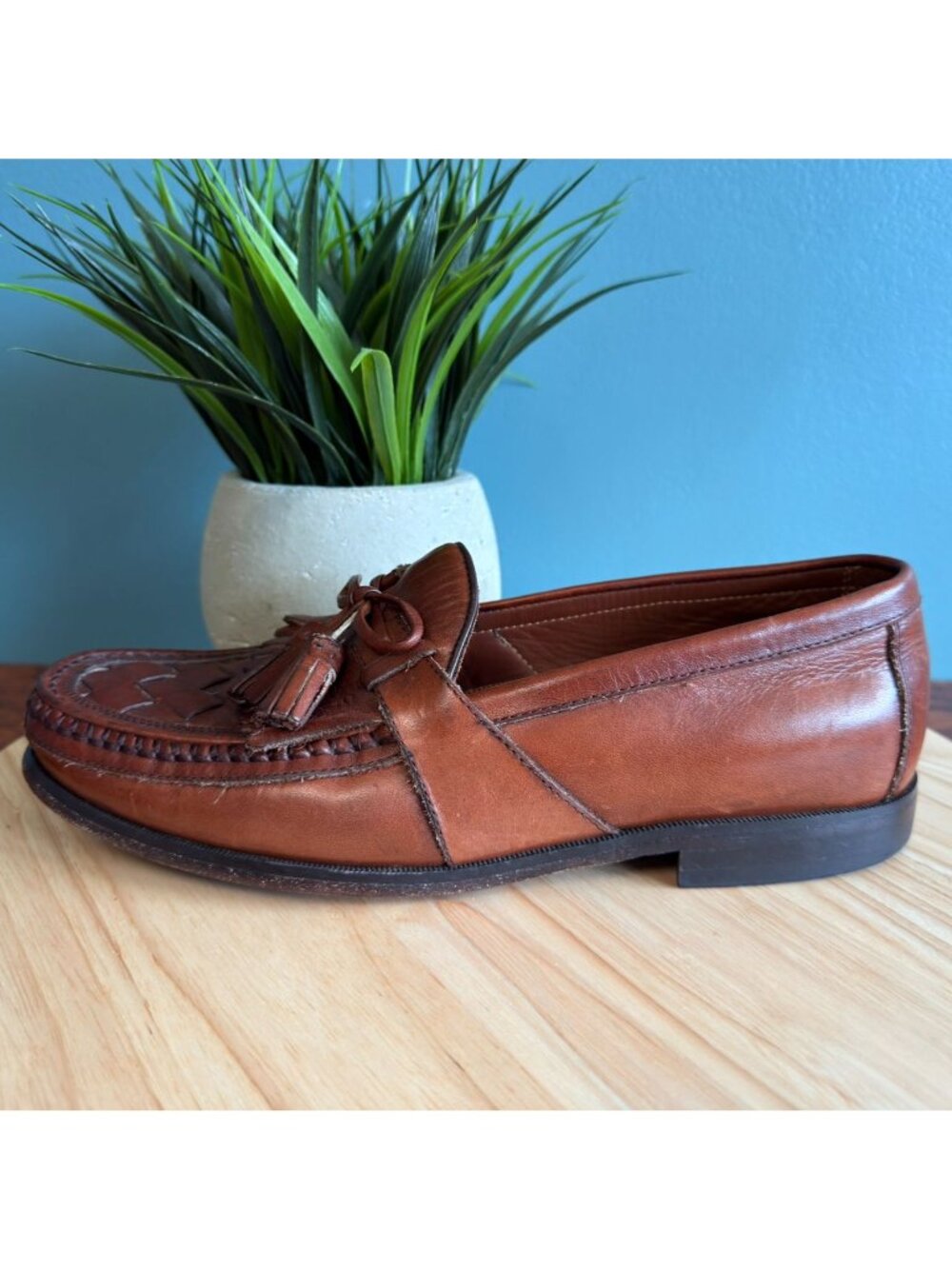 Johnston & Murphy Mens 9.5 Halsey Loafer Woven Leather Tasseled Cognac Brown - Picture 5 of 9